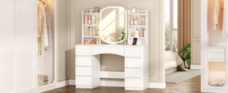 Masuta machiaj cu Oglinda LED si 9 Sertare si Rafturi pentru Cosmetice, Set Masa toaleta 108 cm, Alb, masuta cosmetica cu Priza si USB, vanity cu Dulapior - SEA17 - Img 5