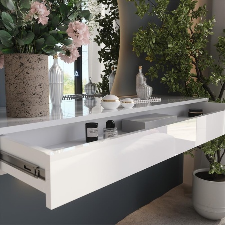 Masuta machiaj cu Oglinda Semiluna LED si 1 Sertar pentru Cosmetice, Set Masa toaleta 80 / 100 / 120 cm, Alb Lucios, masuta vanity, cosmetica - SEA838 - Img 3