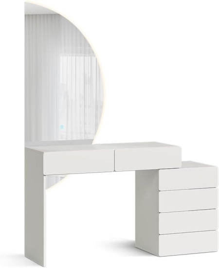 Masuta machiaj cu Oglinda Semiluna LED si 6 Sertare pentru Cosmetice, Set Masa toaleta 100 cm, Alba, masuta vanity, cosmetica - SEA837 - Img 5