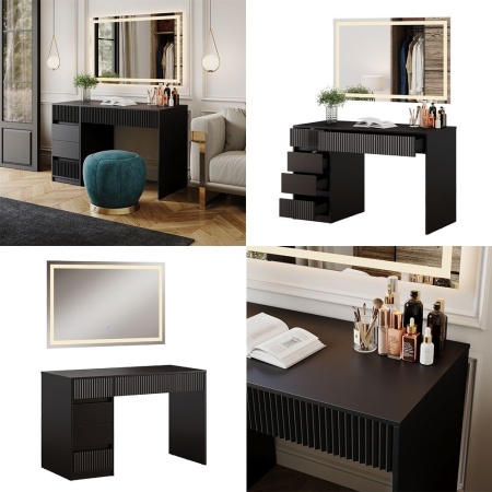 Masuta machiaj naegra cu Oglinda LED si 5 Sertare pentru Cosmetice, Set Masa toaleta 120 cm, masuta cosmetica cu Riflaj, vanity - SEN256 - Img 4