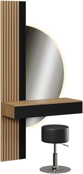 Masuta machiaj neagra cu Oglinda LED si 2 Sertare pentru Cosmetice, Set Masa toaleta 100 cm, masuta cosmetica cu Riflaj, vanity - SEM23 - Img 9