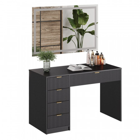 Masuta machiaj neagra cu Oglinda LED si 5 Sertare pentru Cosmetice, Set Masa toaleta 120 cm, masuta vanity cu Riflaj, cosmetica- SEN250 - Img 2