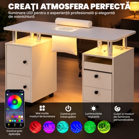 Masuta manichiura Alba,108 cm, birou, masa cosmetica pentru salon cu Aspirator Incorporat, Pernita si LED - MANIA213 - Img 3