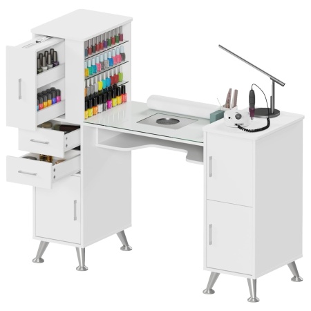 Masuta manichiura Alba / Roz / Neagra, 122 cm, birou cu Blat din Sticla, masa cosmetica pentru salon cu Aspirator Incorporat, Pernita si Vitrina din Sticla - MANIA214 - Img 4