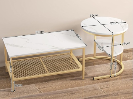 MCAU19 - Set 2 masute de cafea 80 cm si 52 cm, mese pentru living - Alb - Negru / Auriu - Img 3