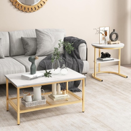 MCAU19 - Set 2 masute de cafea 80 cm si 52 cm, mese pentru living - Alb - Negru / Auriu - Img 12
