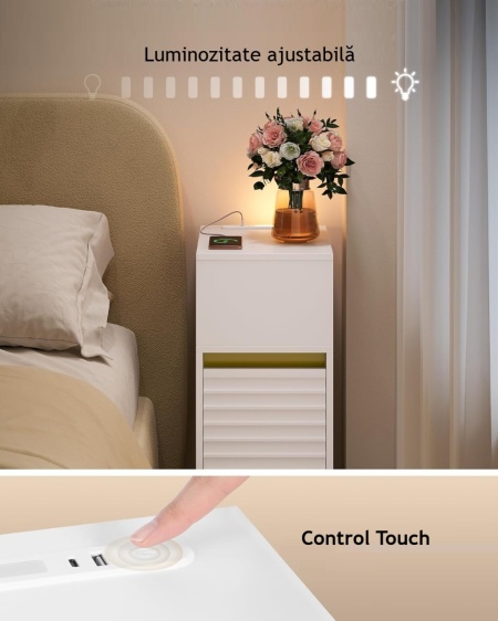 NOA2 - Set 2 Noptiere, 24 cm, foarte inguste, LED, USB si USB-C, Riflaje dormitor - Alb - Auriu - Img 11