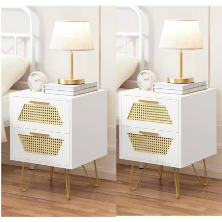 NOA232 - Set 2x Noptiere albe 40 cm, cu 2 sertare - Alb - Auriu
