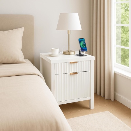 NOA72 - Set 2x Noptiere 50 cm, cu 2 sertare, Priza, USB si USB-C, dormitor - Alb