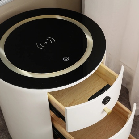NOA75 - Set 2x Noptiere 45 cm, cu 3 sertare, LED, Incarcare Wireless, Inchidere Amprenta, Sticla Securizata, dormitor - Alb - Img 2