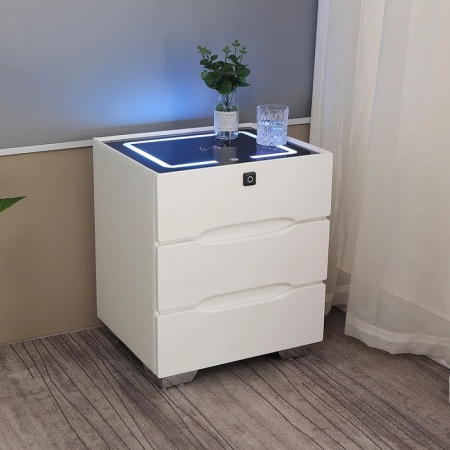 NOA76 - Set 2x Noptiere 50 cm, cu 3 sertare, LED, Incarcare Wireless, Inchidere Amprenta, Sticla Securizata, USB-C si Bluetooth, dormitor - Alb - Img 3