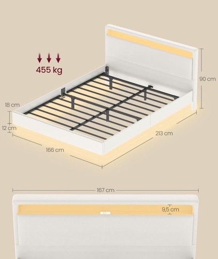 PAA2 - Pat tapitat, 140 / 160 x 200 cm cu USB, USB-C, LED, si Raft - Alb Piele Ecologica - Img 6