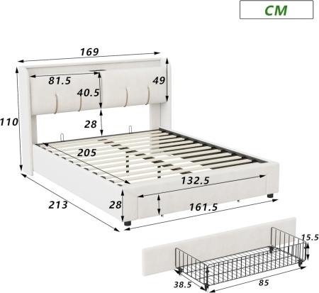 PAC2 - Pat tapitat catifea, 140 / 160 x 200 cm cu Priza, USB, USB-C, LED, Sertar, Somiera Hidraulica, Spatiu depozitare si Raft - Alb (crem) - Img 8