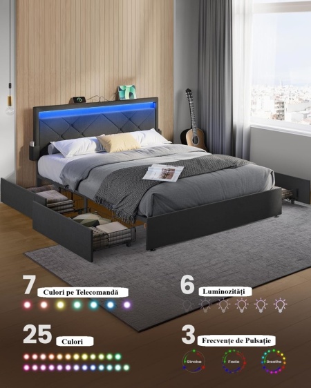PAG2 - Pat tapitat, 140 sau 160 x 200 cm, cu 4 Sertare, LED, USB si USB-C, Organizatoare Carti - Gri - Img 4