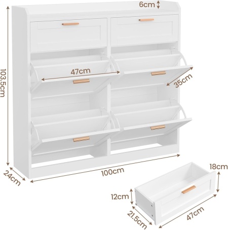 PANA204 - Pantofar 100 cm ingust, 4 compartimente si 2 sertare, pantofare, depozitare pantofi, mobilier hol - Alb - Img 8