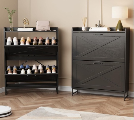 PANA32 - Pantofar 80 cm ingust, 2 compartimente, pantofare, depozitare pantofi, mobilier hol - Alb / Negru - Img 2