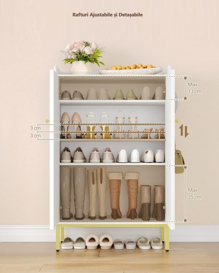 Pantofar alb, 74 cm, pantofare, depozitare pantofi, mobilier hol cu rafturi - PANA39 - Img 6