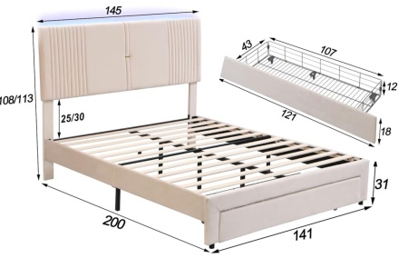 PARC205 - Pat tapitat cu LED si USB, 140 / 160 x 200 cm, cu Sertar - Gri - Img 7