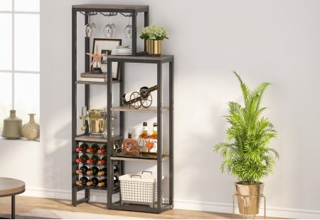 RVI4 - Rafturi Vin pentru, 80 cm, depozitare vin, raft stil industrial, bucatarie, living, dining - Negru Maro / Gri - Img 2