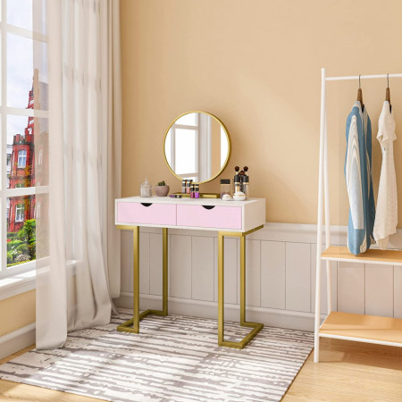 SEA372 - Set Masa toaleta, 80 cm, cosmetica machiaj, oglinda, masuta vanity - Alb-Auriu-Roz