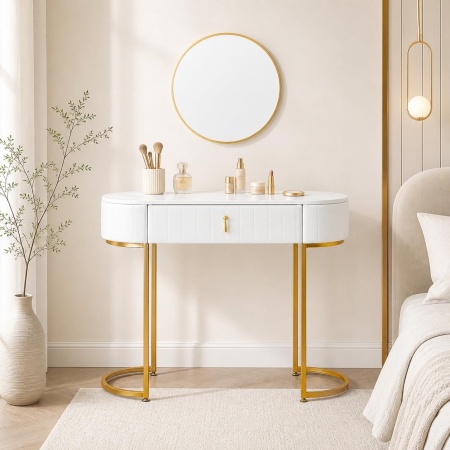 SEA75 - Set Masa toaleta, 100 cm, cosmetica, masa machiaj cu oglinda, masuta vanity cu scaun - Alb-Auriu - Img 5