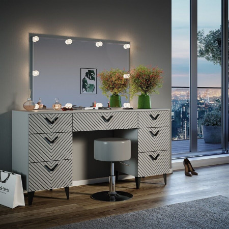 SEG213 - Set Masa toaleta 150 cm cosmetica machiaj, oglinda cu sau fara LED, masuta vanity cu sau fara scaun - Gri