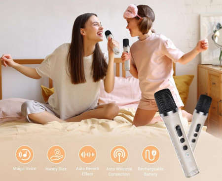 CADC14 - Set Sistem Mini Karaoke si 2 Mini Microfoane, Jucarii copii, Cadou pentru Craciun, Petreceri in familie - Bej - Img 4