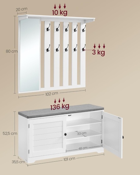 CUIA1 - Cuier 82 cm - 8 agatatori haine, hol, pantofar - Alb - Img 3