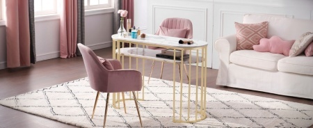 MANIAU207 - Masuta manichiura, 114 cm, masa cosmetica ovala pentru salon - Alb - Auriu - Img 12
