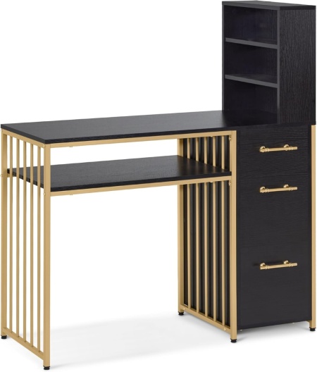 MANIAU209 - Masuta manichiura, 108 cm, birou cu 3 sertare si rafturi, masa cosmetica pentru salon - Alb / Negru - Auriu - Img 3