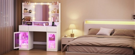 Masuta de machiaj 107 cm, cu Oglinda LED si 3 Sertare pentru Cosmetice, Set Masa toaleta Alba, masuta cosmetica, vanity cu dulapiore si rafturi - SEA21 - Img 3