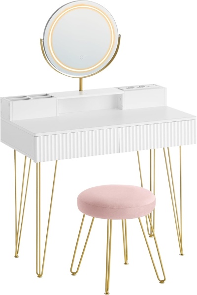 Masuta machiaj alba cu Oglinda LED si 2 Sertare pentru Cosmetice, Set Masa toaleta 80 cm sau 100 cm, masuta cosmetica cu Riflaj, vanity - SEA801 - Img 3