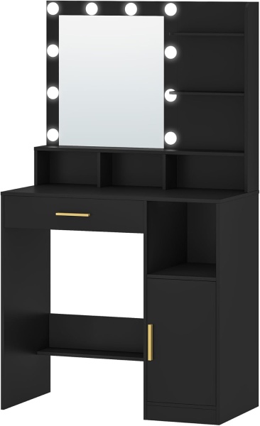 Masuta machiaj cu Oglinda LED si 1 Sertar pentru Cosmetice, Set Masa toaleta 80 cm, Alb / Negru / Gri, masuta cosmetica, vanity - SEG19 - Img 6