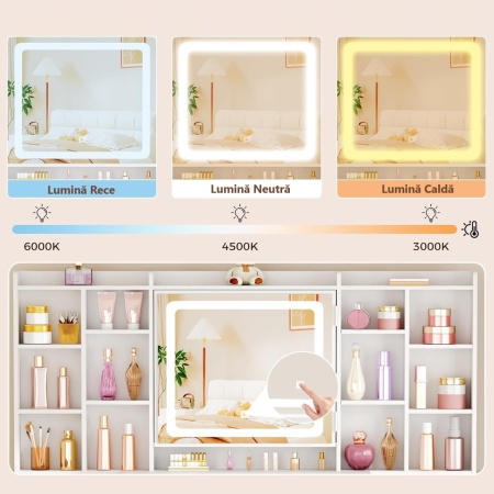 Masuta machiaj cu Oglinda LED si 10 Sertare si Rafturi pentru Cosmetice, Set Masa toaleta 150 cm, Alb, masuta cosmetica cu Priza si USB, vanity cu Dulapior Bijuterii - SEA204 - Img 5