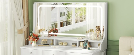 Masuta machiaj cu Oglinda LED si 11 Sertare pentru Cosmetice, Set Masa toaleta 110 cm, Alb, masuta cosmetica, vanity - SEA909 - Img 2