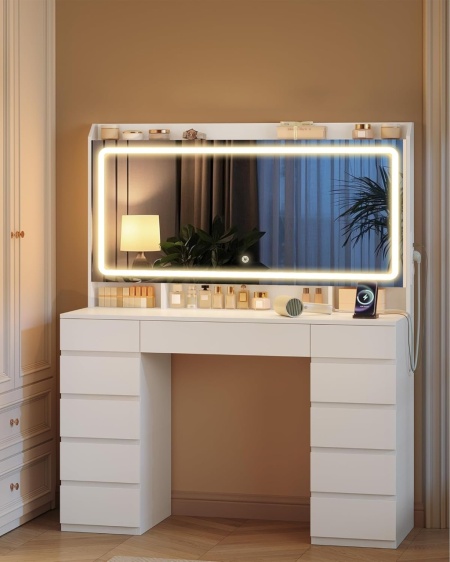 Masuta machiaj cu Oglinda LED si 11 Sertare pentru Cosmetice, Set Masa toaleta 108 cm, Alb, masuta cosmetica, vanity cu Priza si USB - SEA12 - Img 7