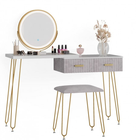 Masuta machiaj cu Oglinda LED si 2 Sertare pentru Cosmetice, Set Masa toaleta 120 cm, Alb, masuta cosmetica, vanity - SEA393 - Img 2