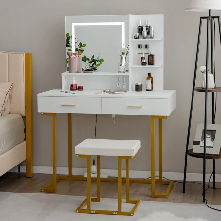 Masuta machiaj cu Oglinda LED si 2 Sertare pentru Cosmetice, Set Masa toaleta 100 cm, Alb, masuta cosmetica, vanity - SEA397 - Img 3