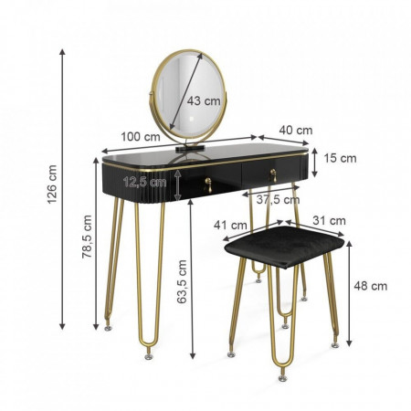 Masuta machiaj cu Oglinda LED si 2 Sertare pentru Cosmetice, Set Masa toaleta 100 cm, Negru, masuta cosmetica, vanity - SEN237 - Img 2