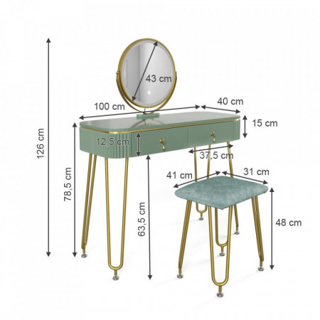 Masuta machiaj cu Oglinda LED si 2 Sertare pentru Cosmetice, Set Masa toaleta 100 cm, masuta cosmetica, vanity - SEV202 - Img 4