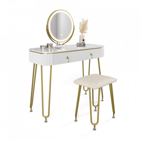 Masuta machiaj cu Oglinda LED si 2 Sertare pentru Cosmetice, Set Masa toaleta 100 cm, Alb Lucios, masuta cosmetica, vanity - SEA398 - Img 2