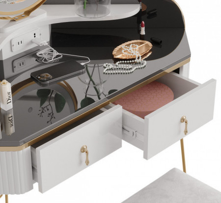 Masuta machiaj cu Oglinda LED si 2 Sertare pentru Cosmetice, Set Masa toaleta 99 cm, Alb, masuta cosmetica, vanity - SEA903 - Img 3