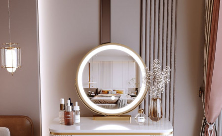 Masuta machiaj cu Oglinda LED si 2 Sertare pentru Cosmetice, Set Masa toaleta 100 cm, Gri, masuta cosmetica, vanity - SEG13 - Img 6