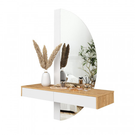 Masuta machiaj cu Oglinda LED si 2 Sertare pentru Cosmetice, Set Masa toaleta 120 cm, Alb, masuta vanity cu Riflaj, cosmetica - SEM236 - Img 4
