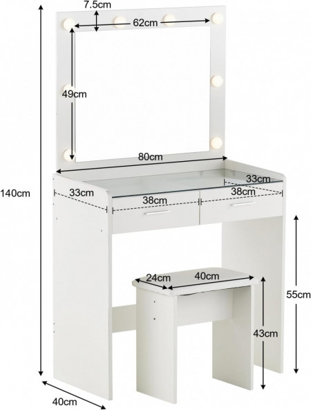 Masuta machiaj cu Oglinda LED si 2 Sertare pentru Cosmetice, Set Masa toaleta 80 cm, Alb, masuta cosmetica, vanity - SEA905 - Img 5