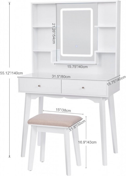 Masuta machiaj cu Oglinda LED si 2 Sertare pentru Cosmetice, Set Masa toaleta 80 cm, Alb, masuta cosmetica, vanity - SEA96 - Img 2