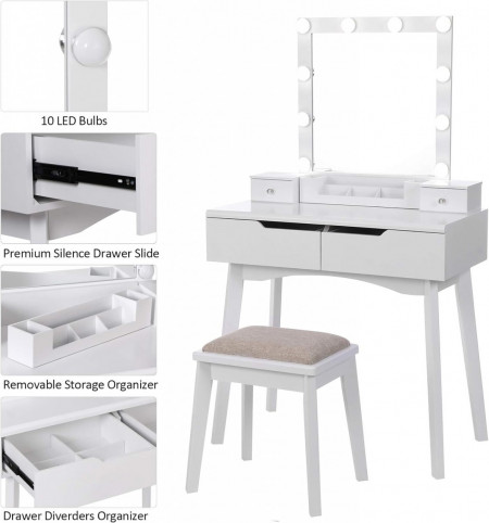 Masuta machiaj cu Oglinda LED si 2 Sertare pentru Cosmetice, Set Masa toaleta 80 cm, Alb, masuta cosmetica, vanity - SEA97 - Img 4