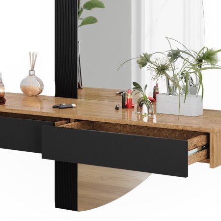 Masuta machiaj cu Oglinda LED si 2 Sertare pentru Cosmetice, Set Masa toaleta 120 cm, Negru, masuta vanity cu Riflaj, cosmetica- SEM242 - Img 3