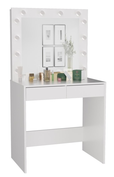 Masuta machiaj cu Oglinda LED si 2 Sertare pentru Cosmetice, Set Masa toaleta 80 cm, Alb, masuta cosmetica, vanity - SEA553 - Img 2