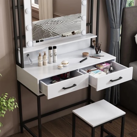 Masuta machiaj cu Oglinda LED si 2 Sertare pentru Cosmetice, Set Masa toaleta 90 cm, Alb, masuta cosmetica, vanity - SEA807 - Img 7